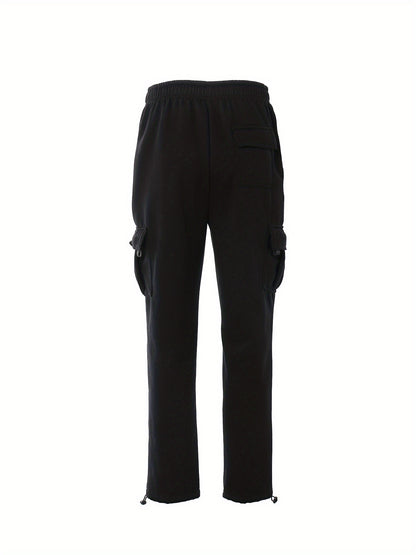 Men Solid Color Sweatpants, Adults Casual Style Cargo Pants with Pockets Drawstring