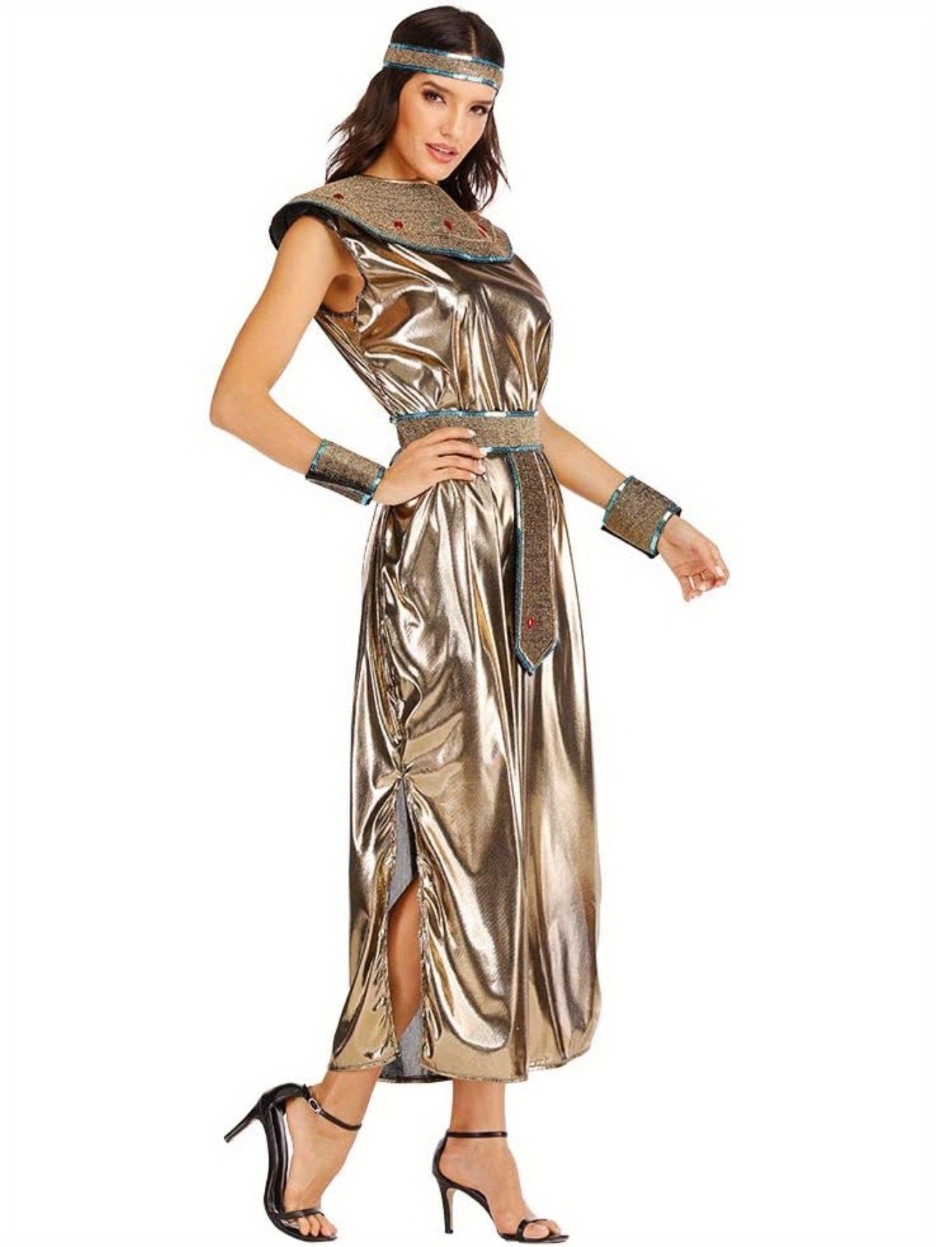 Women'S Cleopatra Outfit for Halloween, Featuring a Golden Dress Inspired by Ancient Egyptian Queens