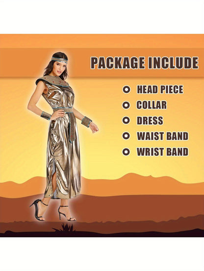 Women'S Cleopatra Outfit for Halloween, Featuring a Golden Dress Inspired by Ancient Egyptian Queens