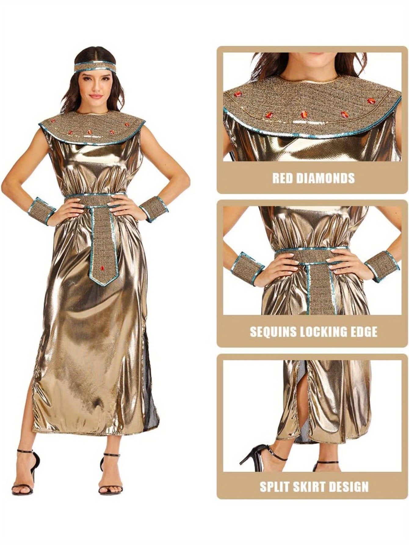 Women'S Cleopatra Outfit for Halloween, Featuring a Golden Dress Inspired by Ancient Egyptian Queens