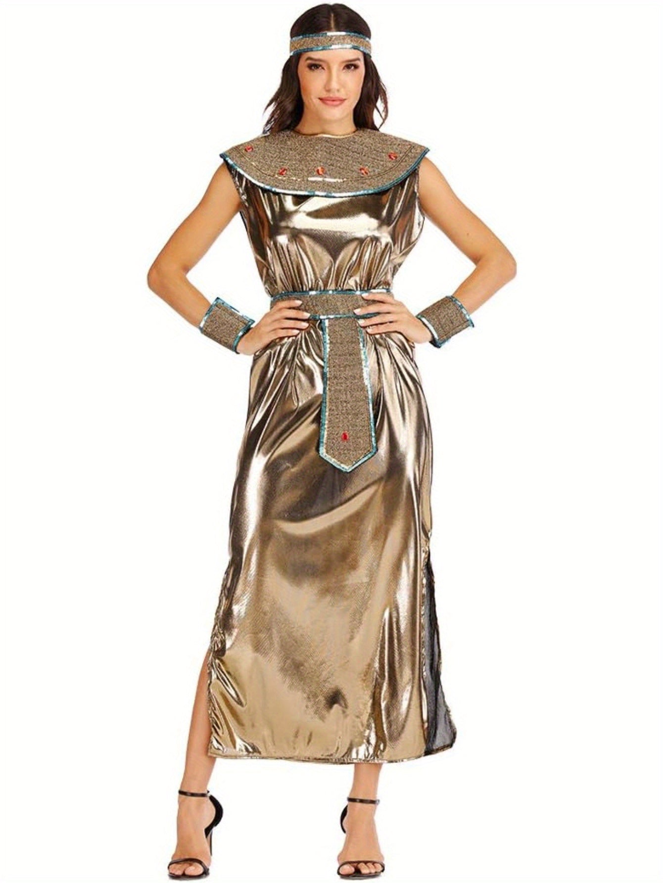 Women'S Cleopatra Outfit for Halloween, Featuring a Golden Dress Inspired by Ancient Egyptian Queens