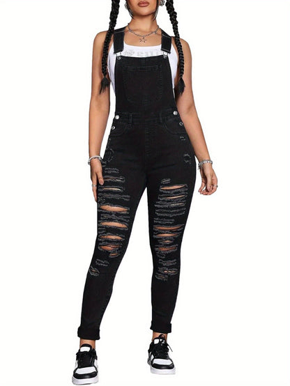Adjustable Strap Denim Overalls for Women with Ripped Skinny Fit