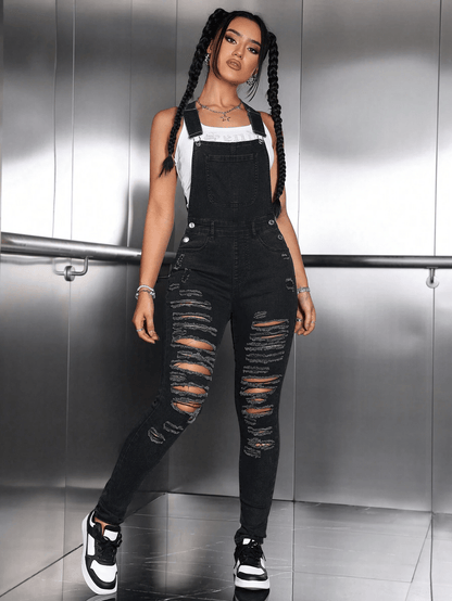 Adjustable Strap Denim Overalls for Women with Ripped Skinny Fit