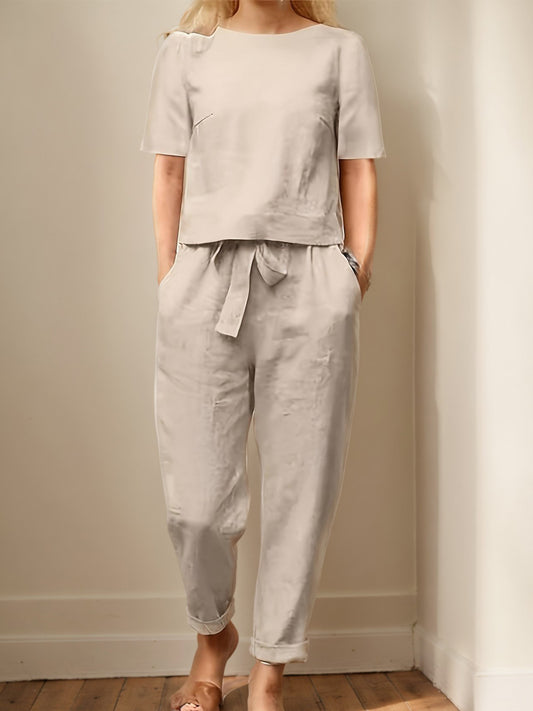 Women'S Casual Pants Suits, 2pcs Short Sleeve Top And Lace-Up Cuffed Ninth Pants, Loose Style for Daily Wear