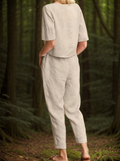 Women'S Casual Pants Suits, 2pcs Short Sleeve Top And Lace-Up Cuffed Ninth Pants, Loose Style for Daily Wear