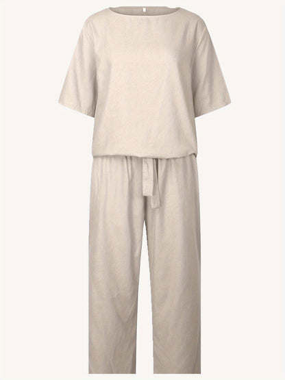 Women'S Casual Pants Suits, 2pcs Short Sleeve Top And Lace-Up Cuffed Ninth Pants, Loose Style for Daily Wear