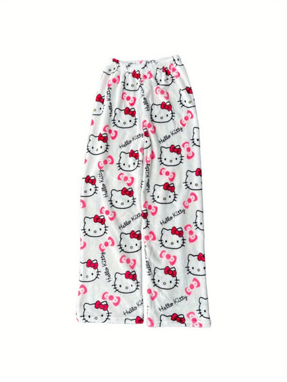 Sanrio Hello Kitty Men's Anime Pajamas - Hello Kitty Face & Iconic Print Flannel Sleepwear, Cozy Winter Lounge Pants, Machine Washable Cartoon Sleepwear for & Men (-)
