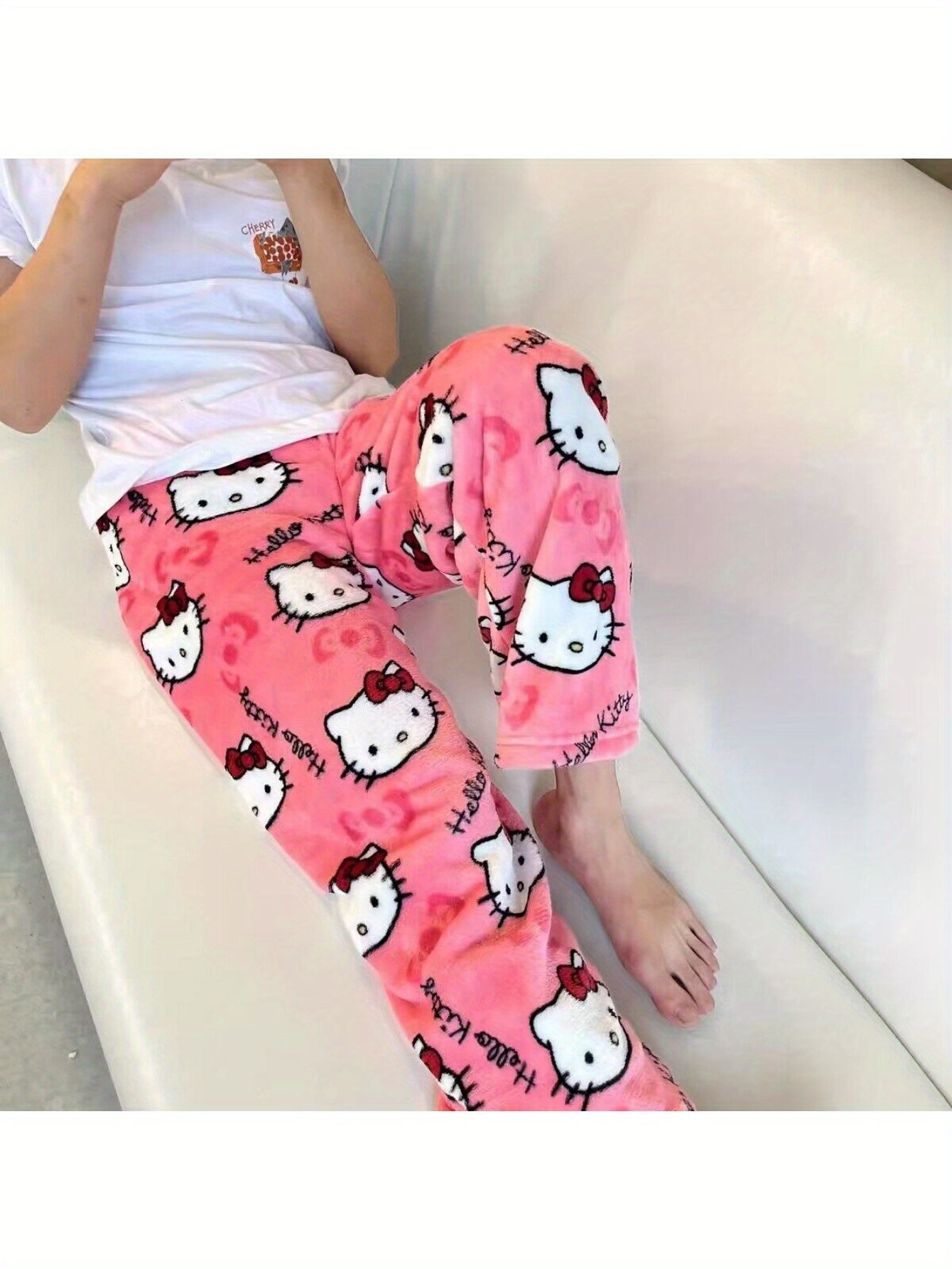 Sanrio Hello Kitty Y2K Kawaii Anime Flannel Pajamas Women'S Warm Cartoon Casual Home Pants Autumn Winter Fashion Trousers