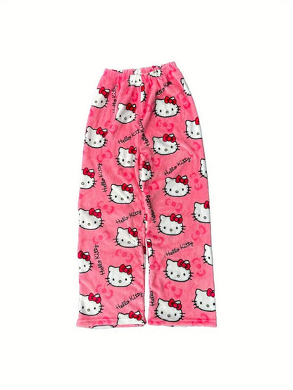 Sanrio Hello Kitty Y2K Kawaii Anime Flannel Pajamas Women'S Warm Cartoon Casual Home Pants Autumn Winter Fashion Trousers