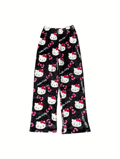 Sanrio Hello Kitty Men's Anime Pajamas - Hello Kitty Face & Iconic Print Flannel Sleepwear, Cozy Winter Lounge Pants, Machine Washable Cartoon Sleepwear for & Men (-)