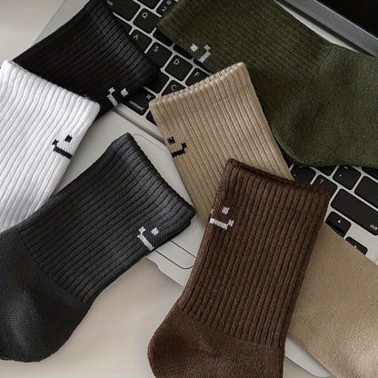 6 Pairs Hot Selling Stylish Fall Winter Men'S Joyful Face Print Thick Warm Mid-tube Crew Socks