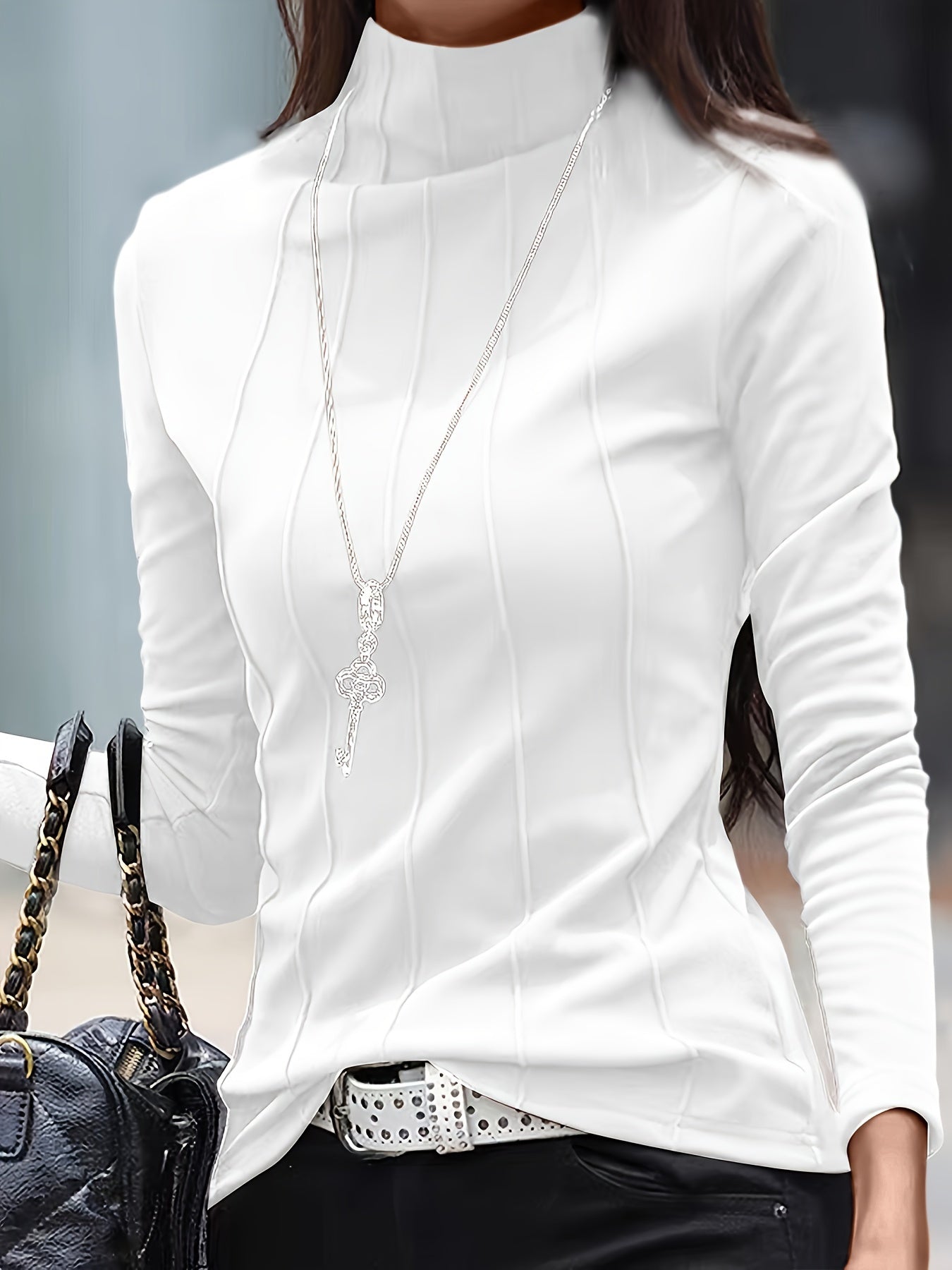 Solid Color Turtleneck Slim T-shirt, Spring and Autumn All-Match Long Sleeve T-shirt, Women's Clothing