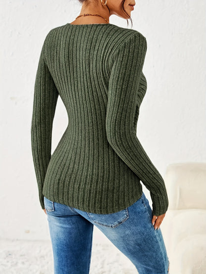 Women's Elegant V-Neck Button-Front Placket T-Shirt - Solid Color Long Sleeve Blouse, Medium-Stretch Machine-Washable Top for Spring/Autumn Layering, Casual & Semi-Formal Wear (Non-)