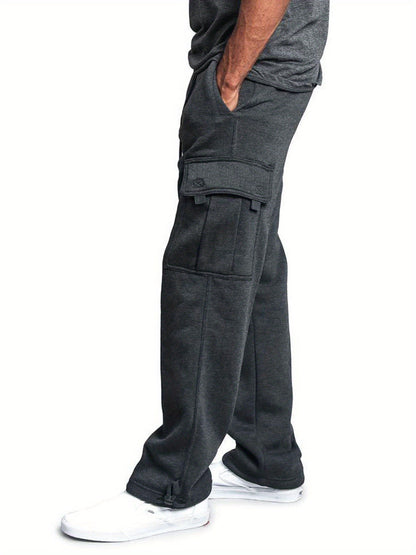 Men Solid Color Sweatpants, Adults Casual Style Cargo Pants with Pockets Drawstring