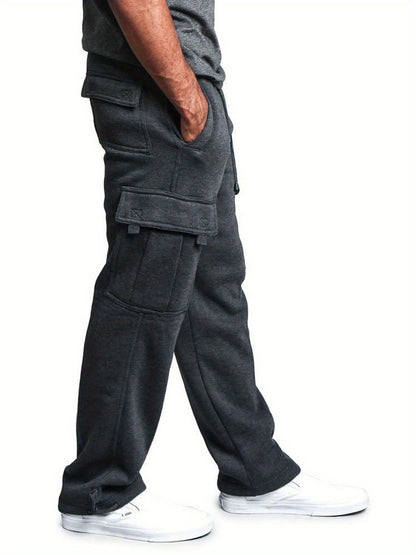 Men Solid Color Sweatpants, Adults Casual Style Cargo Pants with Pockets Drawstring
