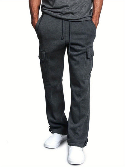 Men Solid Color Sweatpants, Adults Casual Style Cargo Pants with Pockets Drawstring