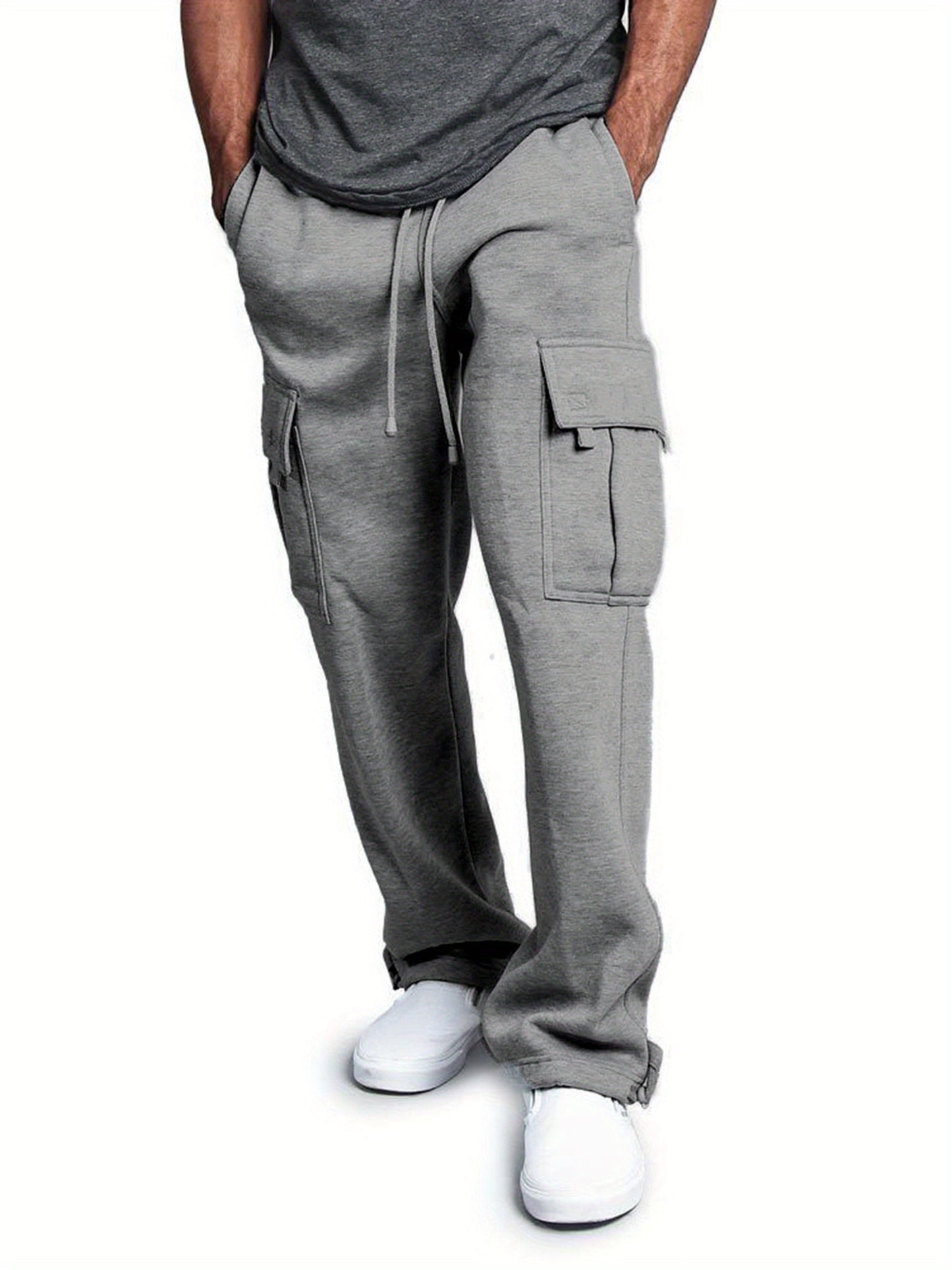 Men Solid Color Sweatpants, Adults Casual Style Cargo Pants with Pockets Drawstring