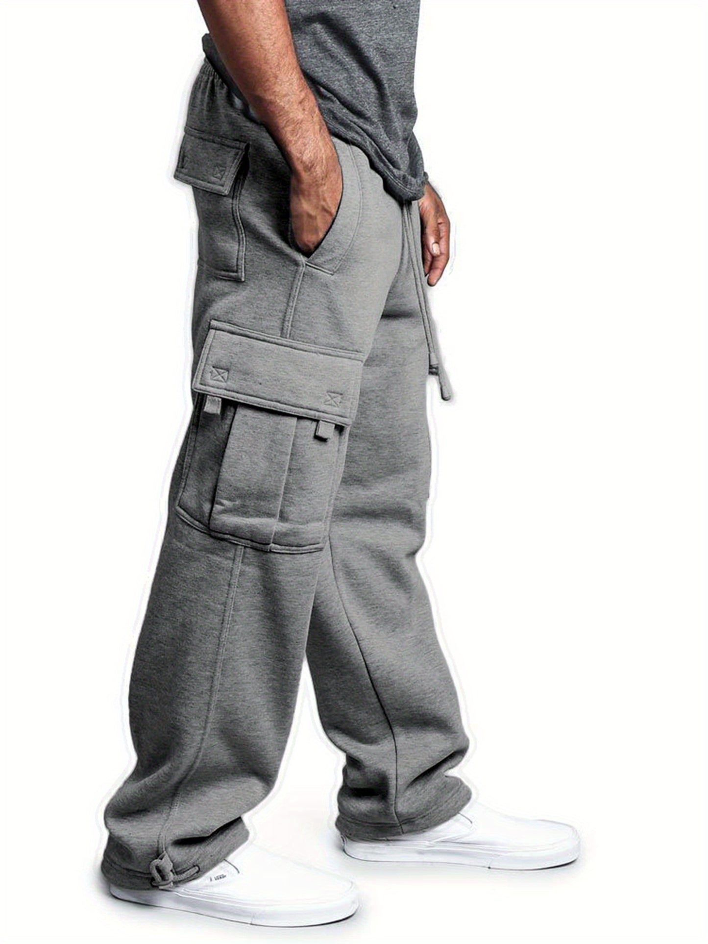 Men Solid Color Sweatpants, Adults Casual Style Cargo Pants with Pockets Drawstring