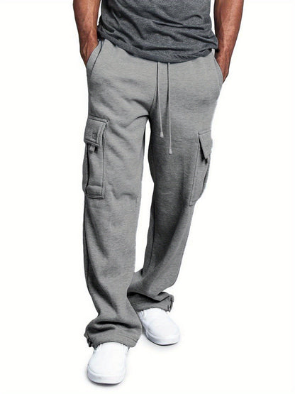 Men Solid Color Sweatpants, Adults Casual Style Cargo Pants with Pockets Drawstring