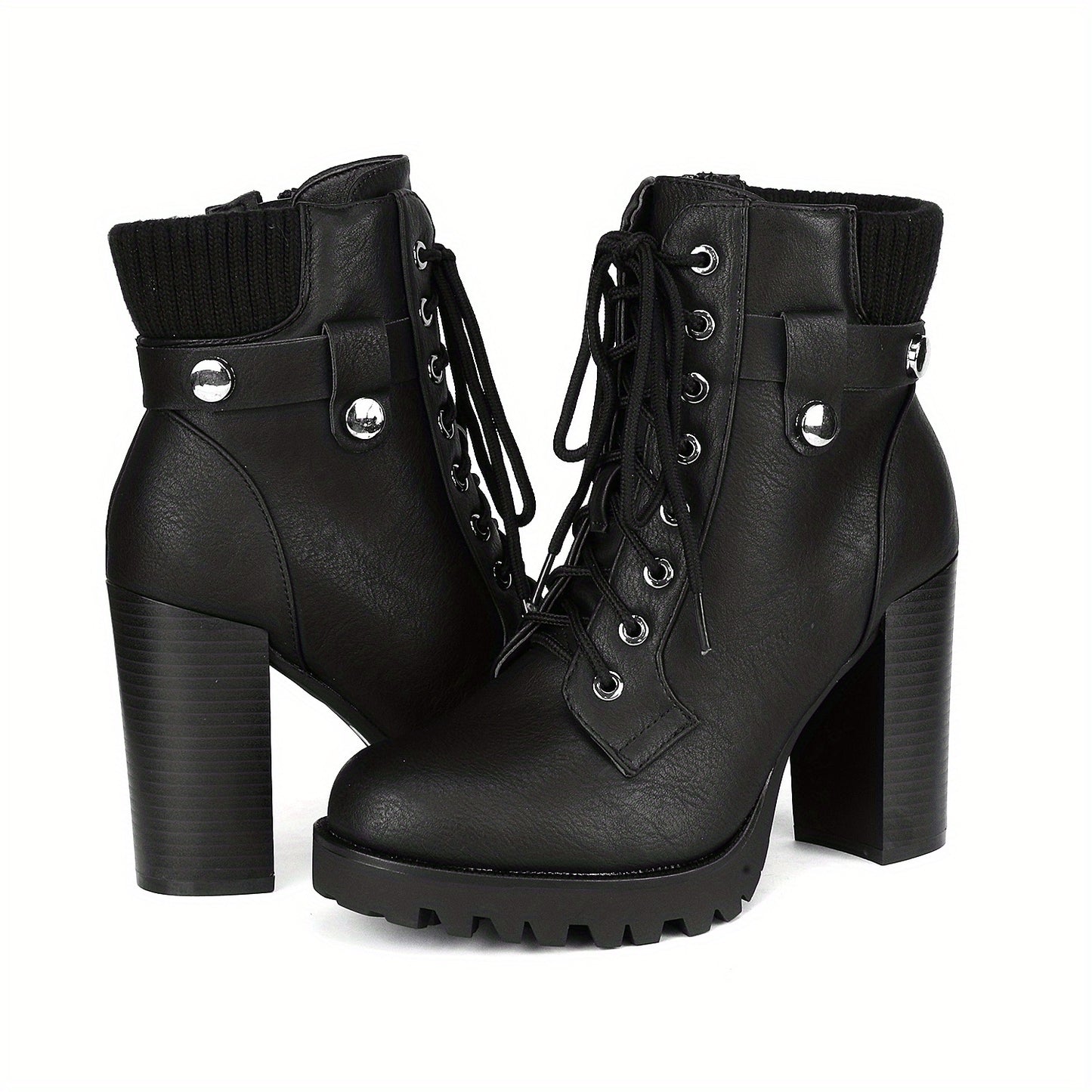 Women's Lace Up Combat Ankle Boots High Chunky Heel Fashion Heeled Booties Shoes Winter Boots Autumn Boots Stylish Classic Knit Ankle Cuff Easy On/off, for Office, Interview, Party, Casual, Halloween Days, Christmas Days, Dating, Evening, Women Shoes