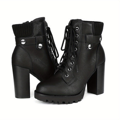 Women's Lace Up Combat Ankle Boots High Chunky Heel Fashion Heeled Booties Shoes Winter Boots Autumn Boots Stylish Classic Knit Ankle Cuff Easy On/off, for Office, Interview, Party, Casual, Halloween Days, Christmas Days, Dating, Evening, Women Shoes