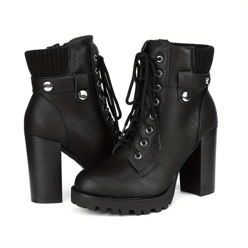 Women's Lace Up Combat Ankle Boots High Chunky Heel Fashion Heeled Booties Shoes Winter Boots Autumn Boots Stylish Classic Knit Ankle Cuff Easy On/off, for Office, Interview, Party, Casual, Halloween Days, Christmas Days, Dating, Evening, Women Shoes