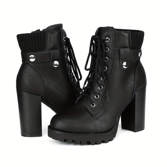 Women's Lace Up Combat Ankle Boots High Chunky Heel Fashion Heeled Booties Shoes Winter Boots Autumn Boots Stylish Classic Knit Ankle Cuff Easy On/off, for Office, Interview, Party, Casual, Halloween Days, Christmas Days, Dating, Evening, Women Shoes