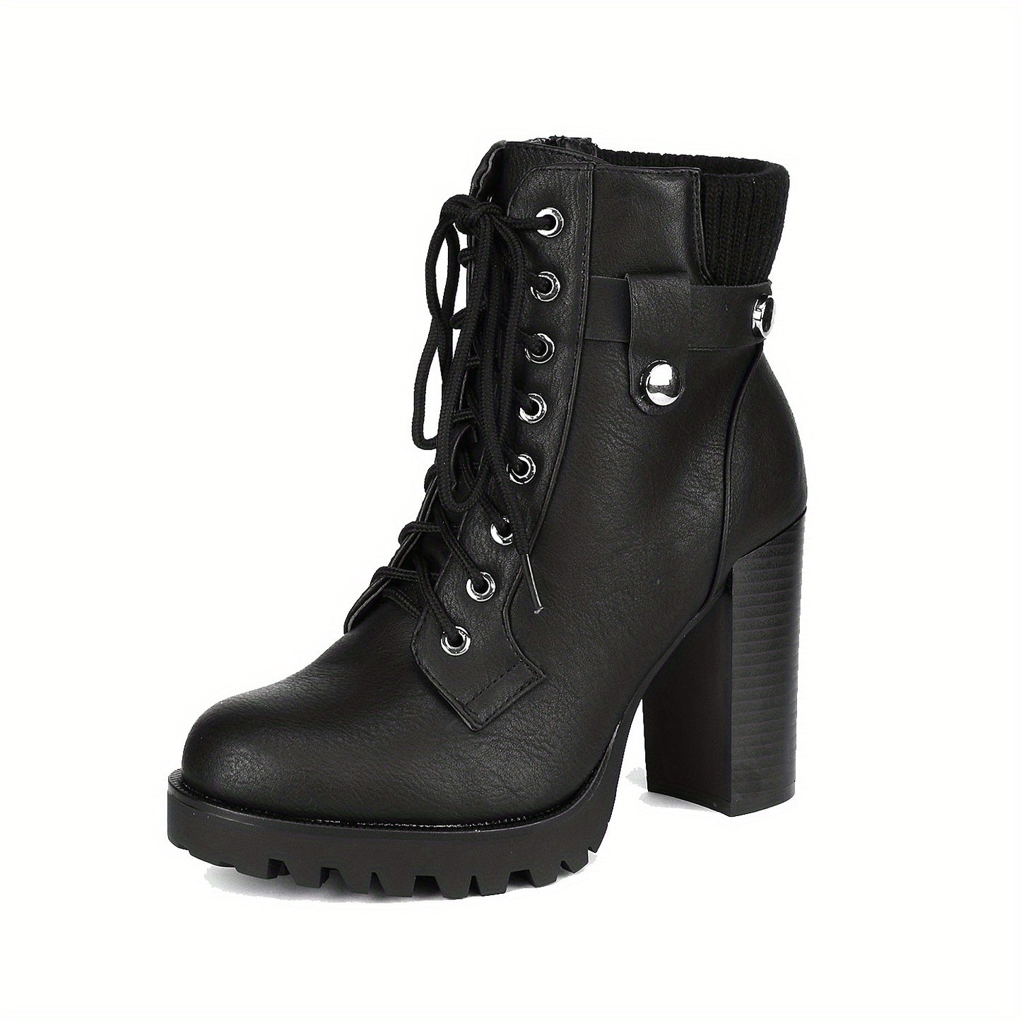 Women's Lace Up Combat Ankle Boots High Chunky Heel Fashion Heeled Booties Shoes Winter Boots Autumn Boots Stylish Classic Knit Ankle Cuff Easy On/off, for Office, Interview, Party, Casual, Halloween Days, Christmas Days, Dating, Evening, Women Shoes