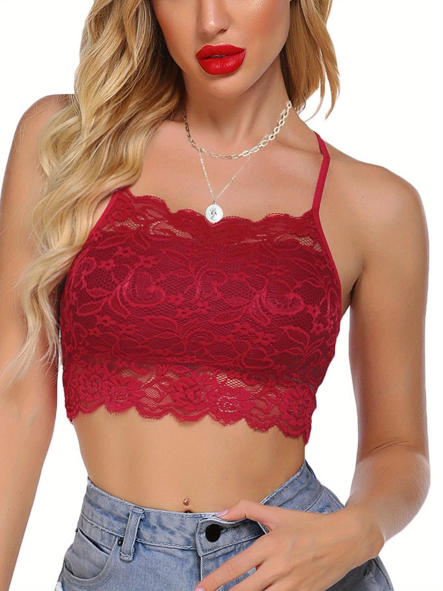 Women'S Lace Bralette with High Neck, Racerback, And Double-Layered Crop Top