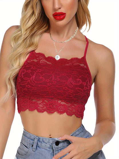 Women'S Lace Bralette with High Neck, Racerback, And Double-Layered Crop Top