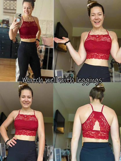 Women'S Lace Bralette with High Neck, Racerback, And Double-Layered Crop Top