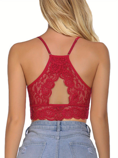 Women'S Lace Bralette with High Neck, Racerback, And Double-Layered Crop Top