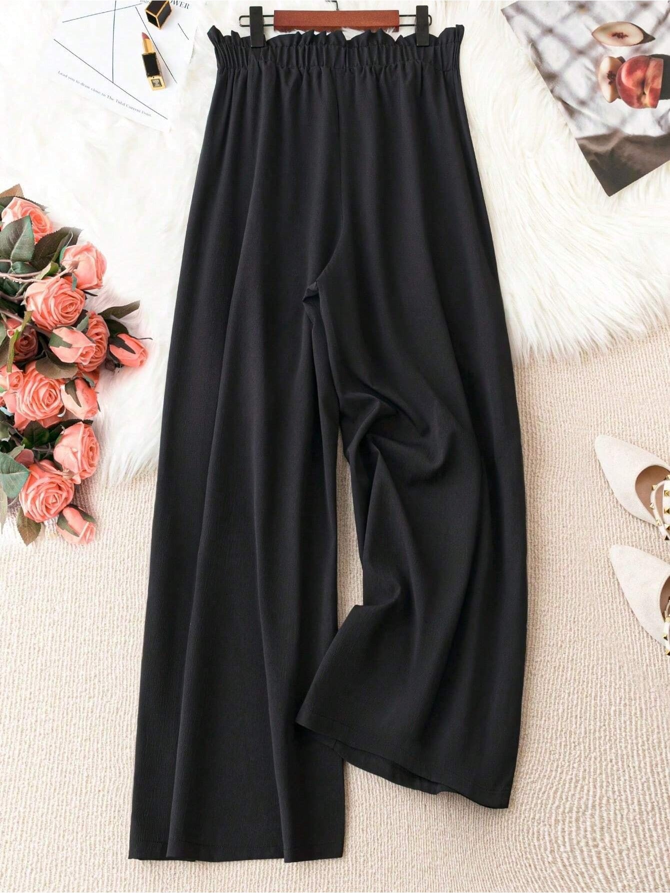 Plus Size, Women's Plus Size Elastic Waistband, Headband, Waist Knot, Wide Leg Pants, Summer Casual Wide Leg Pants