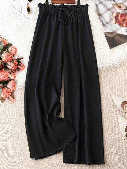 Plus Size, Women's Plus Size Elastic Waistband, Headband, Waist Knot, Wide Leg Pants, Summer Casual Wide Leg Pants