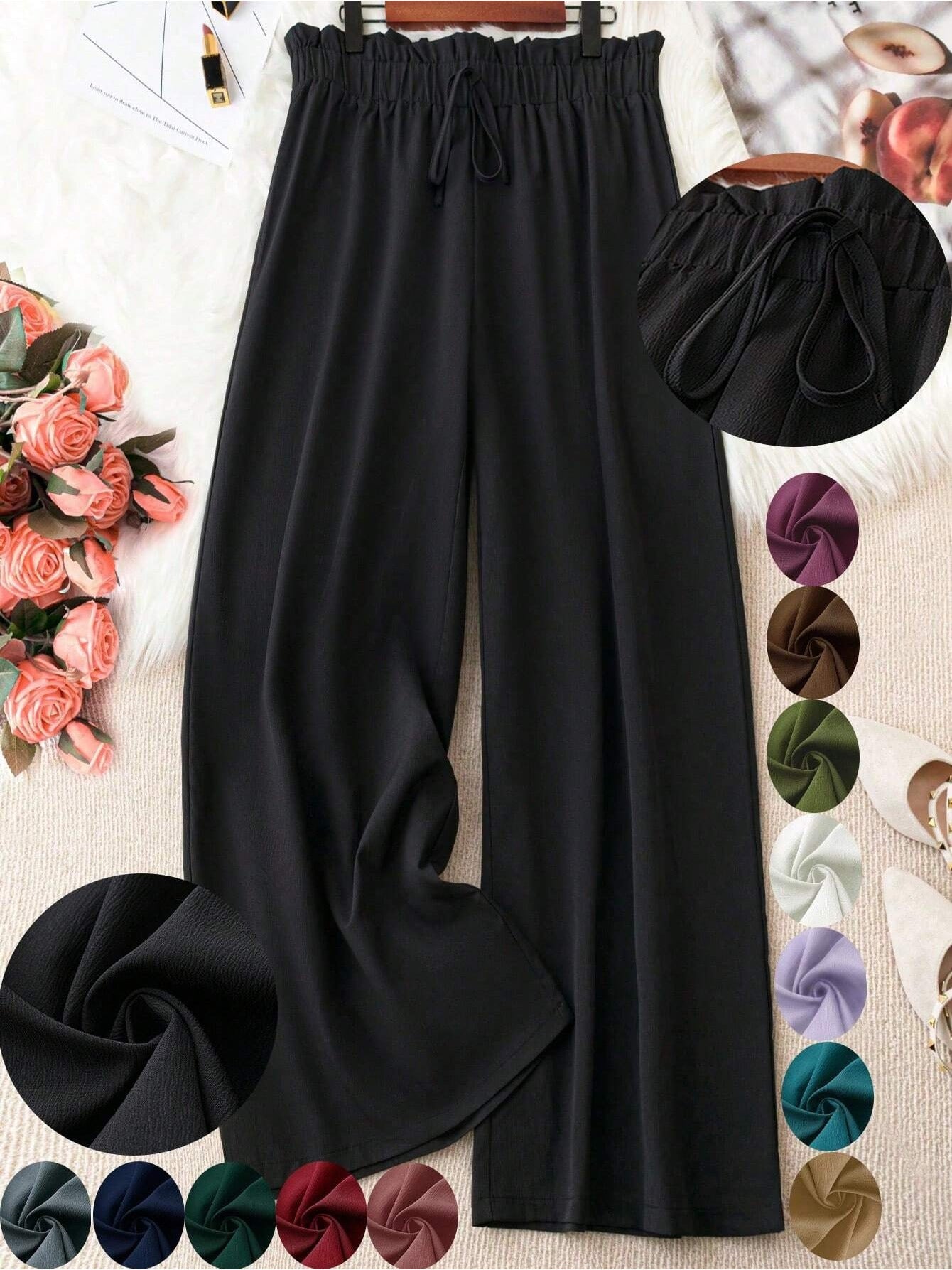 Plus Size, Women's Plus Size Elastic Waistband, Headband, Waist Knot, Wide Leg Pants, Summer Casual Wide Leg Pants