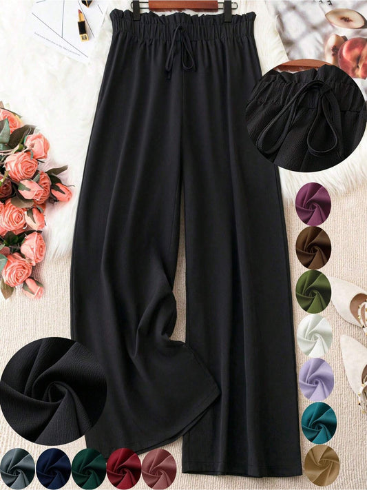 Plus Size, Women's Plus Size Elastic Waistband, Headband, Waist Knot, Wide Leg Pants, Summer Casual Wide Leg Pants