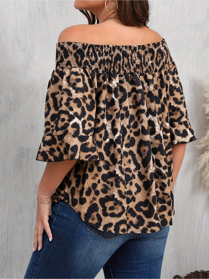 Women's Plus Size Leopard Print Off-Shoulder Blouse with Ruffled Sleeves - Vibrant Red Casual Chic Top, Machine Washable All-Season Shirt for Casual Attire, Relaxed Fit Shirt | Ruffled Sleeves Top | Nonstretch Fabric