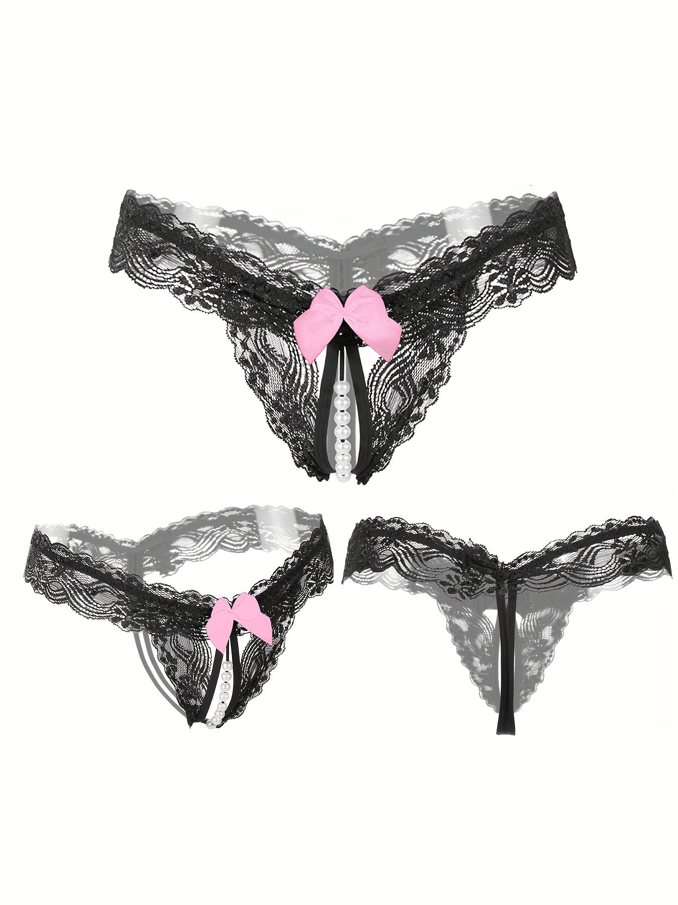 Random 6 Exquisite Floral Lace Mesh Thongs - Seductive Transparent Design Decoration, Confident Seductive Floral Lace Mesh Thong, See-Through Artificial Pearl Bow Underwear, Ladies' Sexy Underwear And Underwear, Six at Random