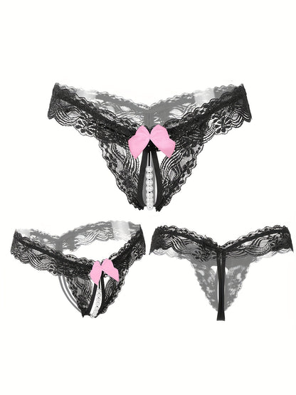 Random 6 Exquisite Floral Lace Mesh Thongs - Seductive Transparent Design Decoration, Confident Seductive Floral Lace Mesh Thong, See-Through Artificial Pearl Bow Underwear, Ladies' Sexy Underwear And Underwear, Six at Random