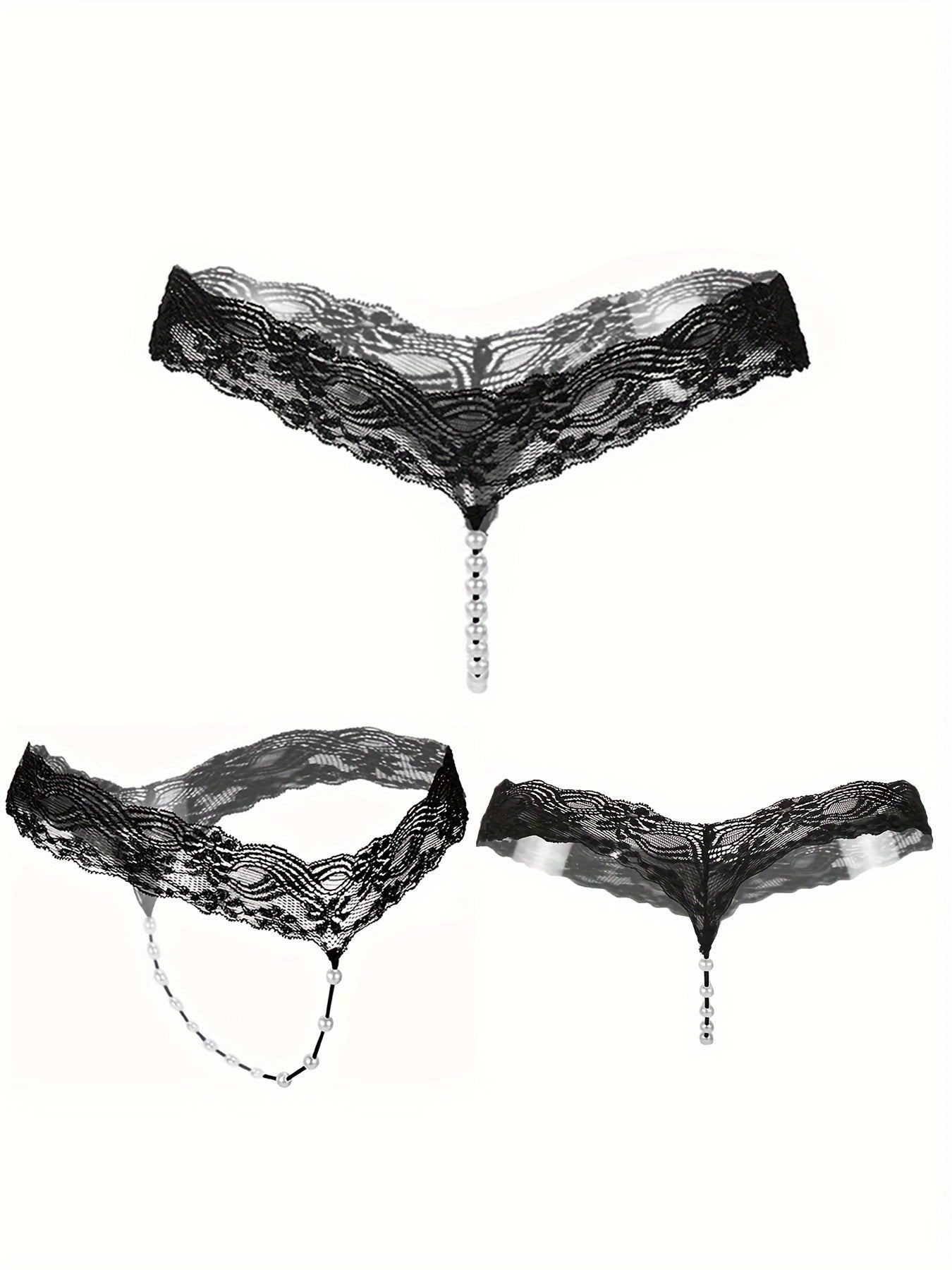 Random 6 Exquisite Floral Lace Mesh Thongs - Seductive Transparent Design Decoration, Confident Seductive Floral Lace Mesh Thong, See-Through Artificial Pearl Bow Underwear, Ladies' Sexy Underwear And Underwear, Six at Random