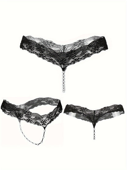 Random 6 Exquisite Floral Lace Mesh Thongs - Seductive Transparent Design Decoration, Confident Seductive Floral Lace Mesh Thong, See-Through Artificial Pearl Bow Underwear, Ladies' Sexy Underwear And Underwear, Six at Random