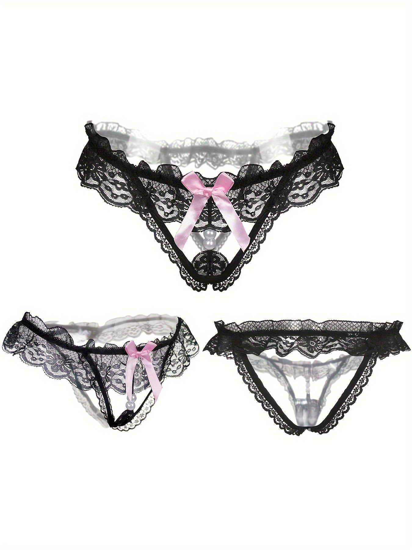 Random 6 Exquisite Floral Lace Mesh Thongs - Seductive Transparent Design Decoration, Confident Seductive Floral Lace Mesh Thong, See-Through Artificial Pearl Bow Underwear, Ladies' Sexy Underwear And Underwear, Six at Random