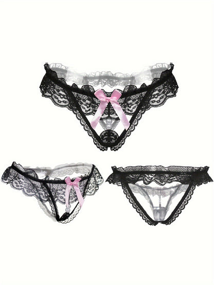 Random 6 Exquisite Floral Lace Mesh Thongs - Seductive Transparent Design Decoration, Confident Seductive Floral Lace Mesh Thong, See-Through Artificial Pearl Bow Underwear, Ladies' Sexy Underwear And Underwear, Six at Random