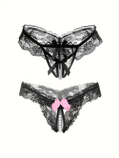 Random 6 Exquisite Floral Lace Mesh Thongs - Seductive Transparent Design Decoration, Confident Seductive Floral Lace Mesh Thong, See-Through Artificial Pearl Bow Underwear, Ladies' Sexy Underwear And Underwear, Six at Random