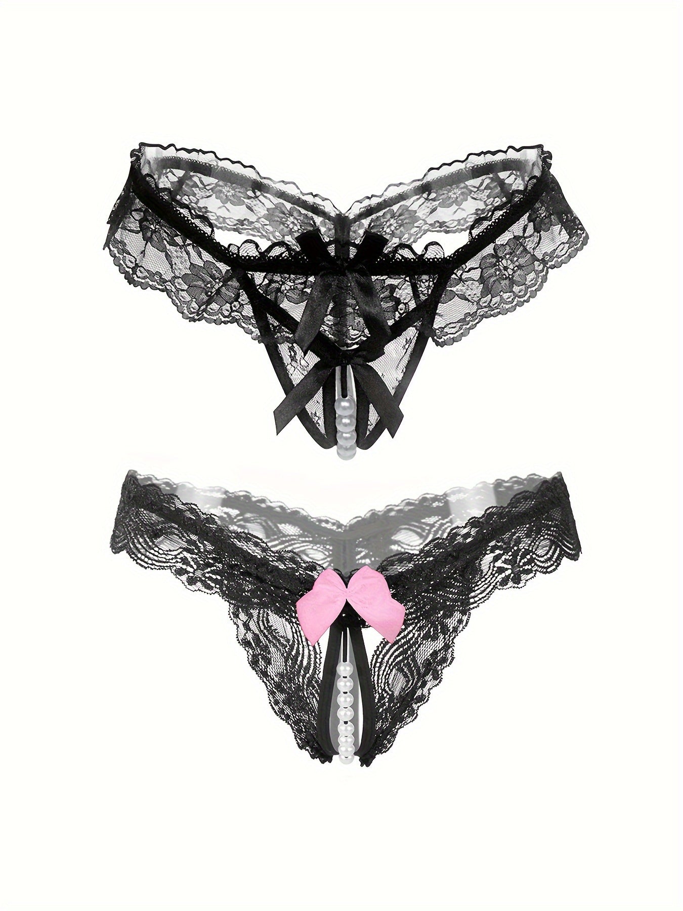 Random 6 Exquisite Floral Lace Mesh Thongs - Seductive Transparent Design Decoration, Confident Seductive Floral Lace Mesh Thong, See-Through Artificial Pearl Bow Underwear, Ladies' Sexy Underwear And Underwear, Six at Random