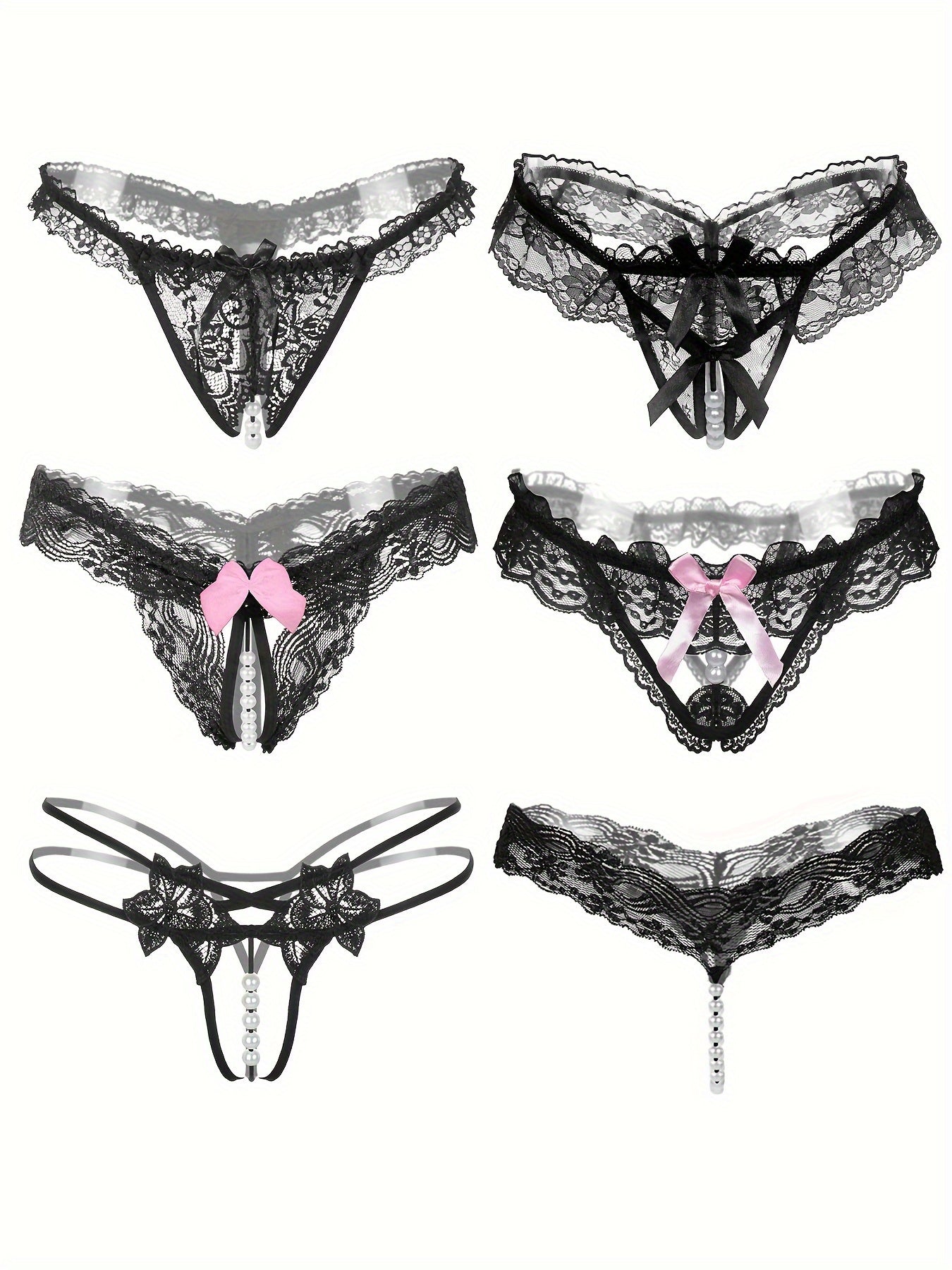 Random 6 Exquisite Floral Lace Mesh Thongs - Seductive Transparent Design Decoration, Confident Seductive Floral Lace Mesh Thong, See-Through Artificial Pearl Bow Underwear, Ladies' Sexy Underwear And Underwear, Six at Random