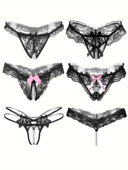 Random 6 Exquisite Floral Lace Mesh Thongs - Seductive Transparent Design Decoration, Confident Seductive Floral Lace Mesh Thong, See-Through Artificial Pearl Bow Underwear, Ladies' Sexy Underwear And Underwear, Six at Random