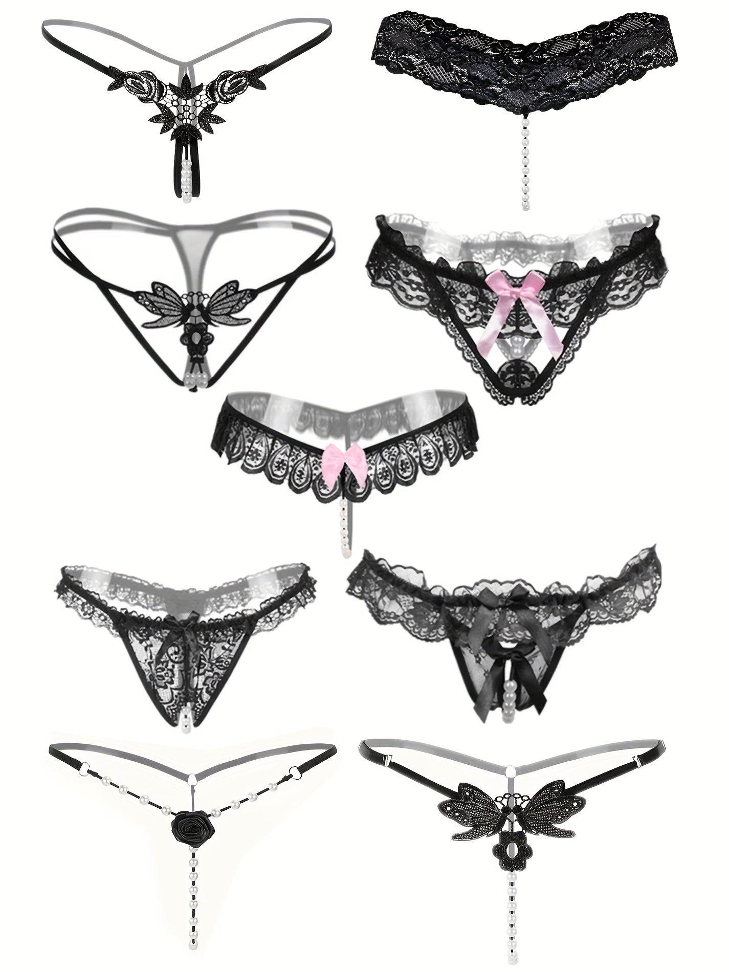 Random 6 Exquisite Floral Lace Mesh Thongs - Seductive Transparent Design Decoration, Confident Seductive Floral Lace Mesh Thong, See-Through Artificial Pearl Bow Underwear, Ladies' Sexy Underwear And Underwear, Six at Random
