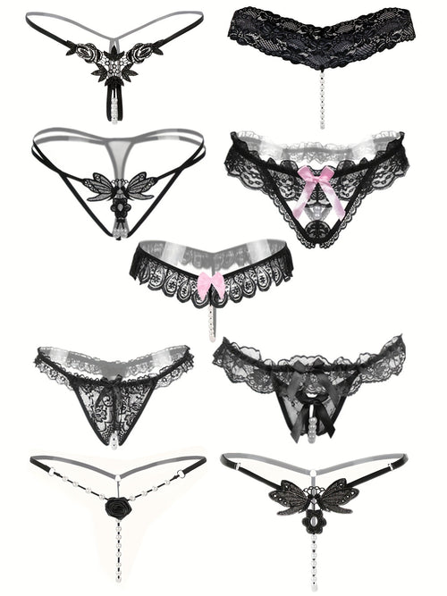 Random 6 Exquisite Floral Lace Mesh Thongs - Seductive Transparent Design Decoration, Confident Seductive Floral Lace Mesh Thong, See-Through Artificial Pearl Bow Underwear, Ladies' Sexy Underwear And Underwear, Six at Random