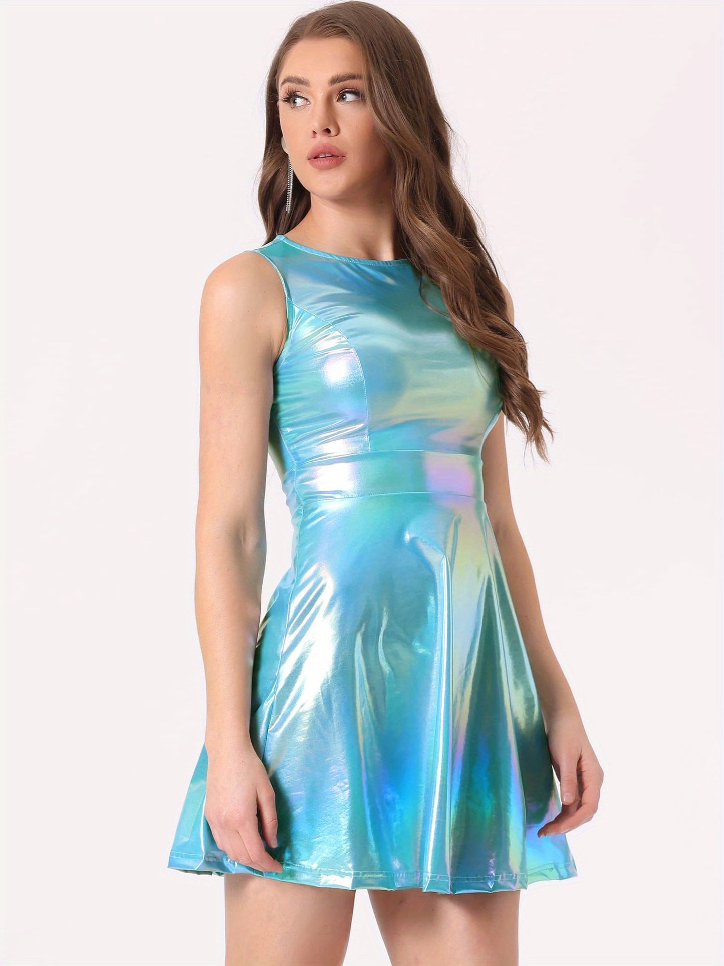 Metallic Holographic Women's High Waist Sleeveless Club Party Disco Dress